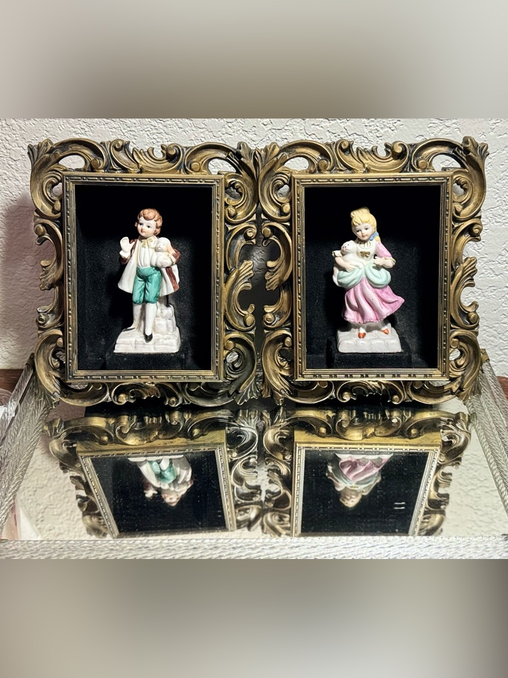 2 MCM Norleans Golden Frames Shadow Boxes Porcelain Figurines Wall Decorations